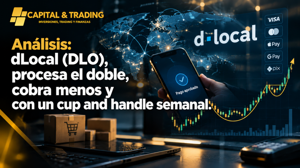 Gráfico semanal de dLocal (DLO) con la formación de taza con asa, octubre de 2026